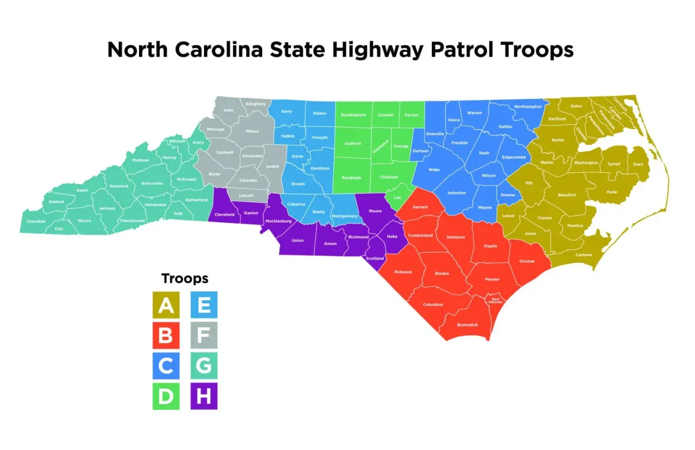 North Carolina State Highway Patrol Troops are divided into regions A through H. See the list of troop offices below for detailed locations.